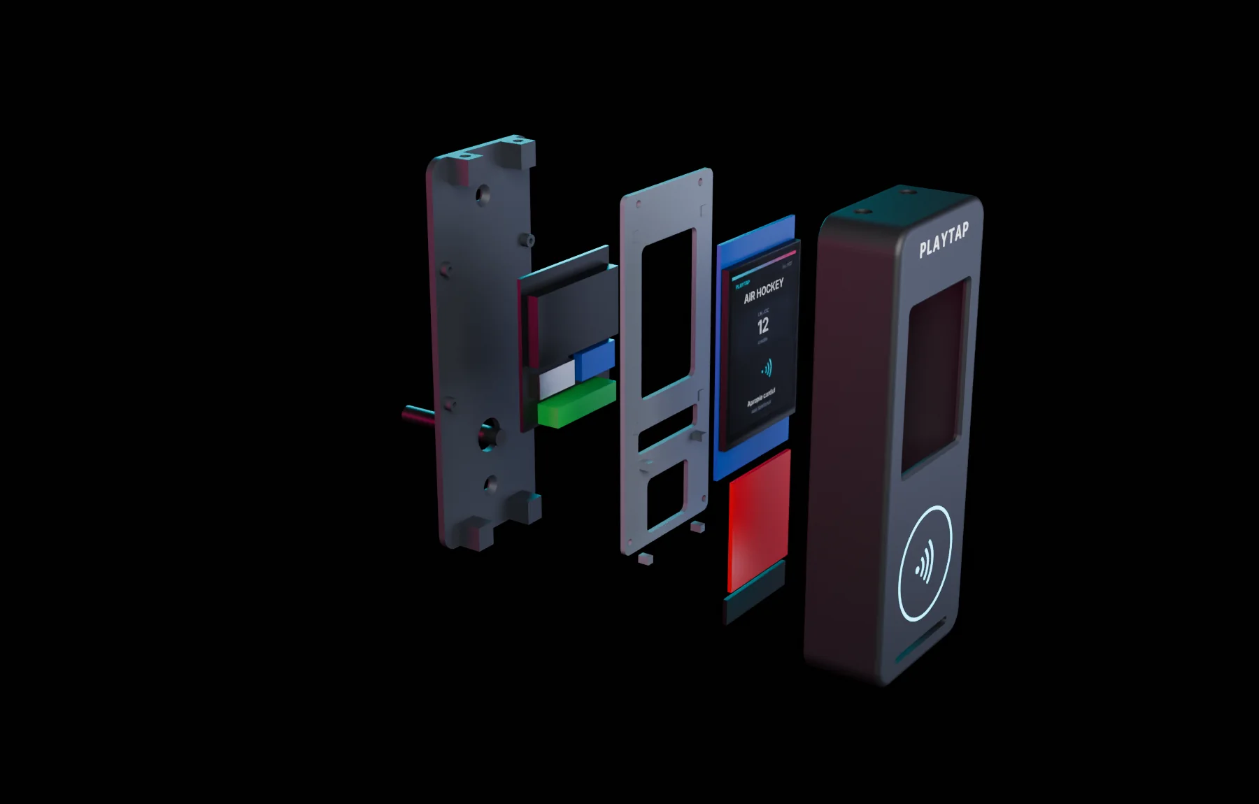 Vedere explodată a cititorului: carcasa, lentila, ecranul, modulul NFC, placa electronică și baza de montaj